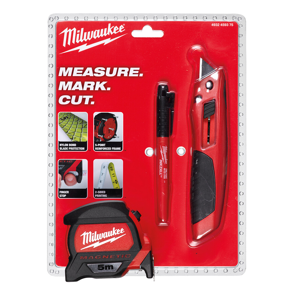 3'lü Maket Bıçağı+Metre+Marker İşaretleme Kalemi Seti - MILWAUKEE